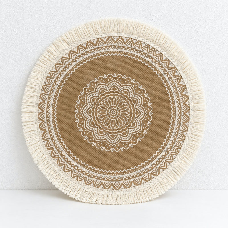CouldNook Round Jute Placemat - Mandala Print and Decorative Trim