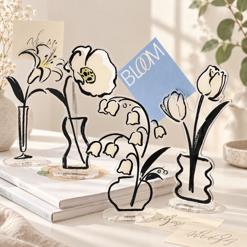 CouldNook Line-Art Flower Memo Stand - Acrylic Vase Silhouette And Clip