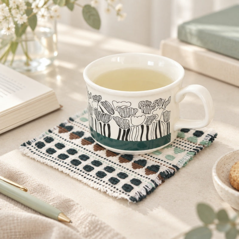CouldNook Woven Fabric Coaster - Geometric Bands and Fringed Edges