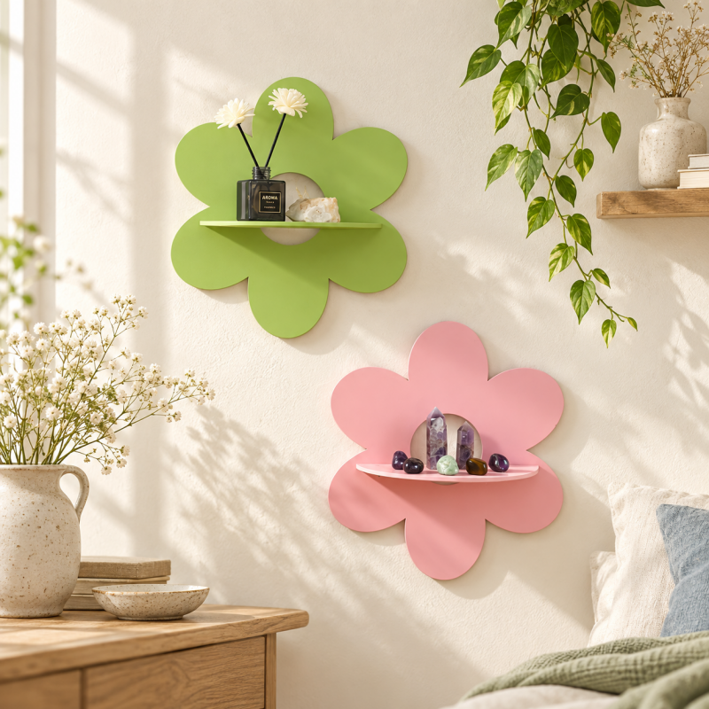 CouldNook Decorative Wall Shelf - Flower Or Wave Backing And Display Ledge