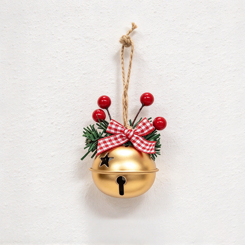 CouldNook Christmas Bell Ornament - Checkered Bows and Greenery Accents