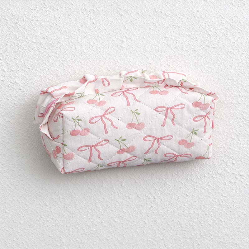 CouldNook Ruffled Cosmetic Pouch - Patterned Fabric And Top Zip Opening