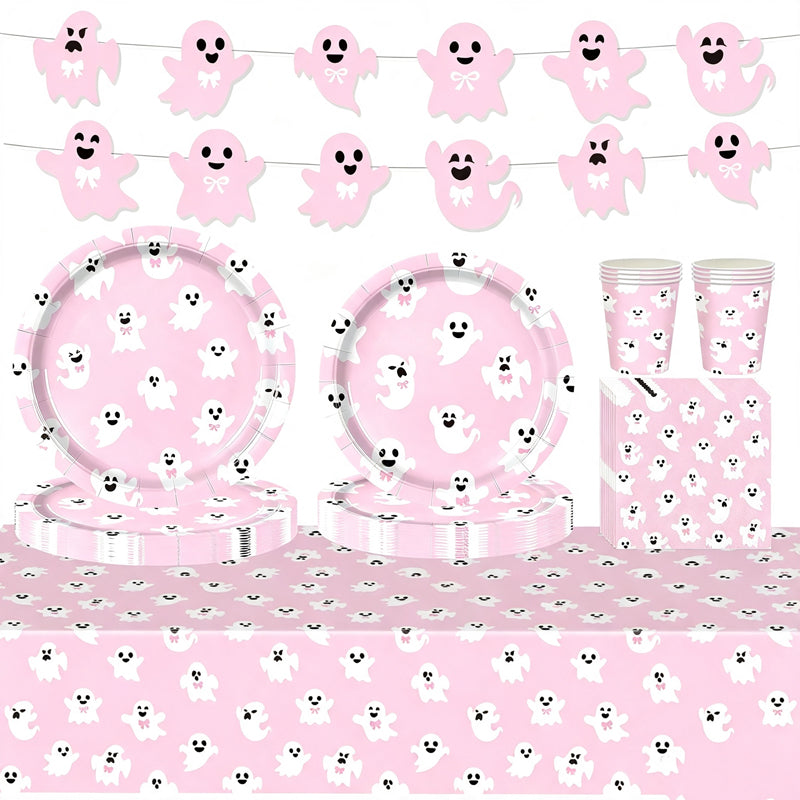 CloudNook Pink Ghost Halloween Party‑Disposable Tableware 9-Piece Set