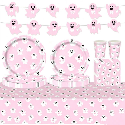 CloudNook Pink Ghost Halloween Party‑Disposable Tableware 9-Piece Set