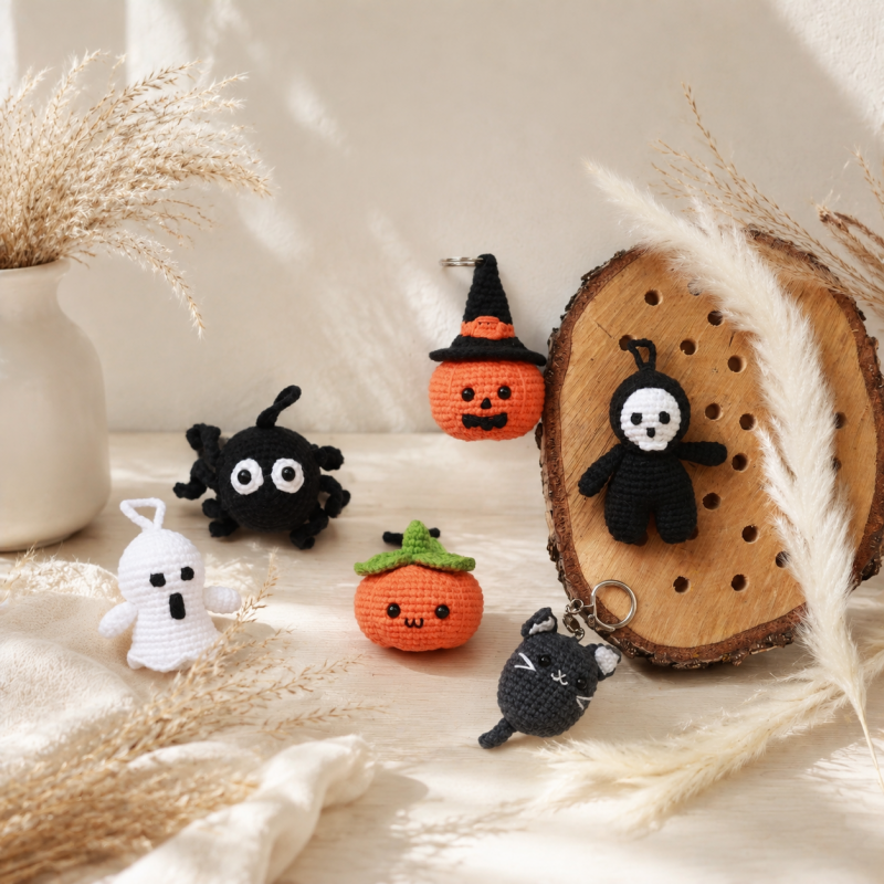 CouldNook Halloween Yarn Keychain Charm - Ghosts Pumpkins and Spider