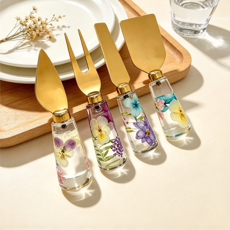 CouldNook Floral Cheese Serving Utensils - Clear Resin Handles and Shaped Heads