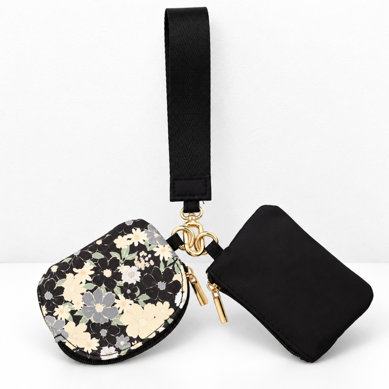 CouldNook Wristlet Pouch Set - Floral and Plain Zippered Compartments
