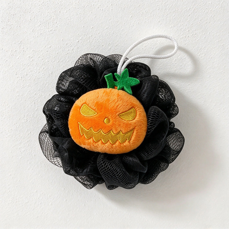 CouldNook Pumpkin Bath Pouf - Jack-O-Lantern Face And Hanging Cord