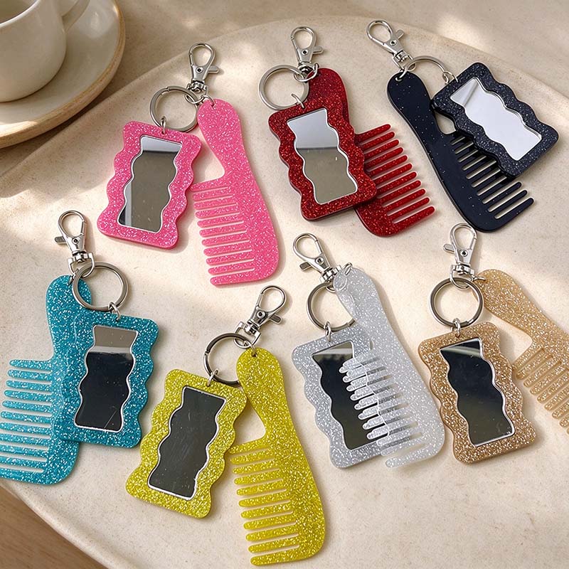 CouldNook Glitter Mirror Comb Keychain - Wavy Rectangle