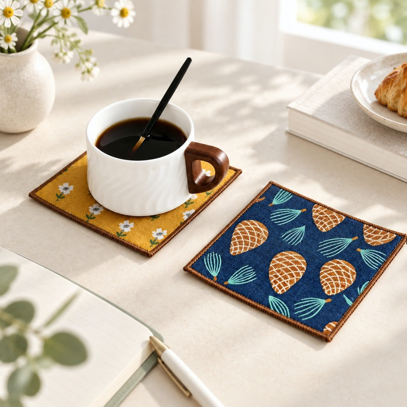 CouldNook Patterned Fabric Coaster - Square Shape and Contrasting Border