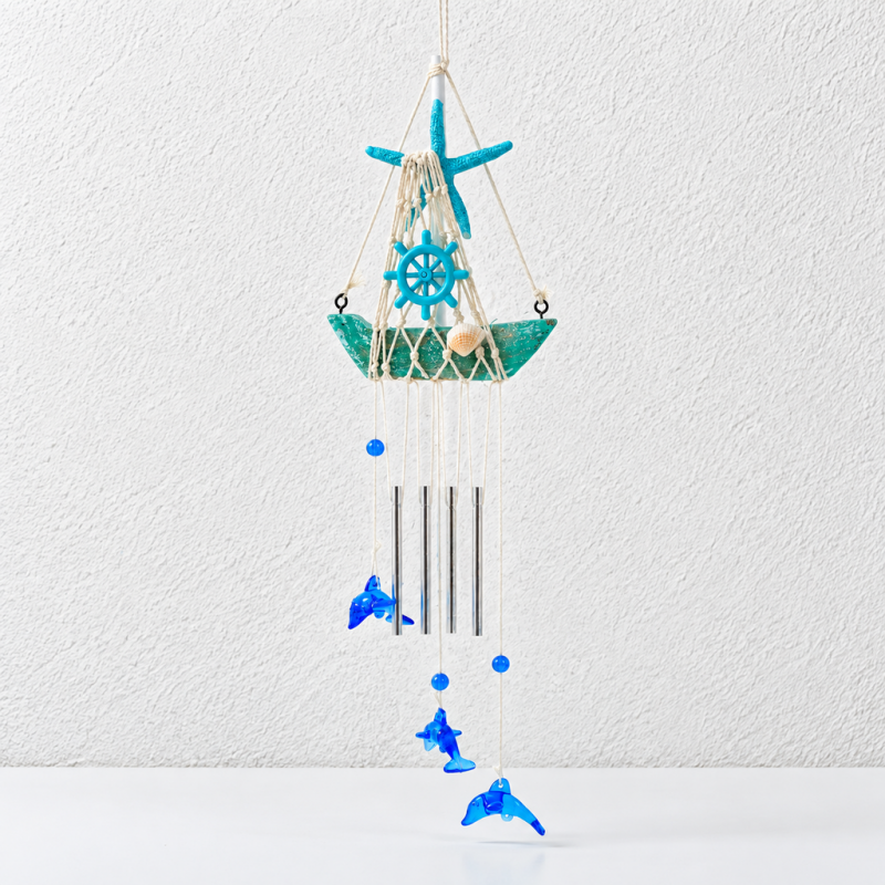 CouldNook Nautical Sailboat Wind Chime - Hanging Tubes And Blue Charms