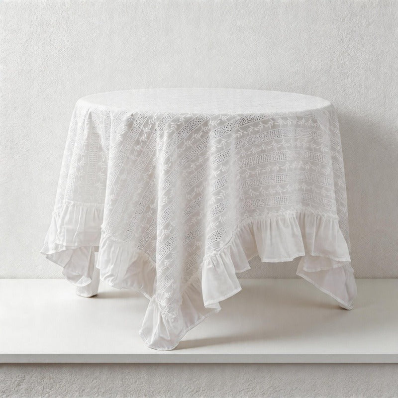 Vintage Lace Embroidered Ruffle Tablecloth - White Cotton-Blend Table Cover