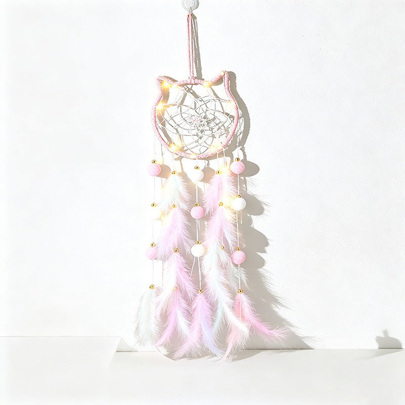 CouldNook Dreamcatcher-Handmade Star Moon Cat Shaped Feather Pom Pom Dream Catcher Wind Chime