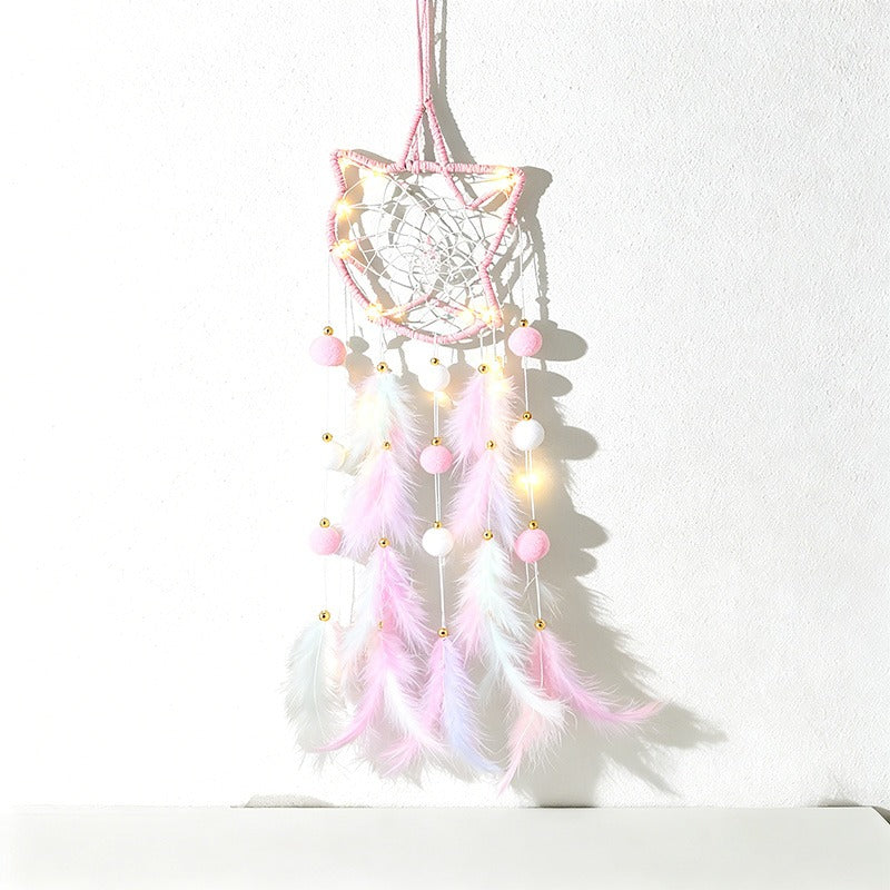CouldNook Dreamcatcher-Handmade Star Moon Cat Shaped Feather Pom Pom Dream Catcher Wind Chime