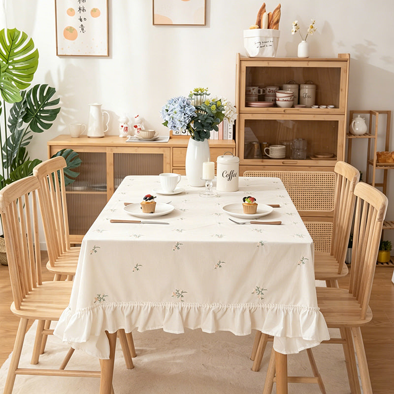 Embroidered Floral Ruffle Tablecloth - White Cotton-Blend Table Cover for Home & Events