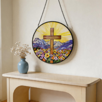 CouldNook Suncatcher-Cross Wildflower Stained Glass Style Glass Sun Catcher Hanging Ornament