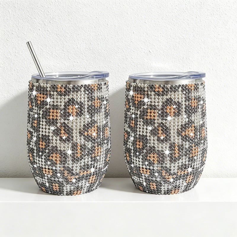 CouldNook 12oz Bling Rhinestone Stemless Wine Tumbler - Clear Lid & Straw (Leopard & Ombre Series)