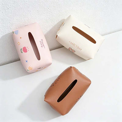 Car Hanging PU Leather Tissue Box - Cute Cartoon Multi-Functional Tissue Holder