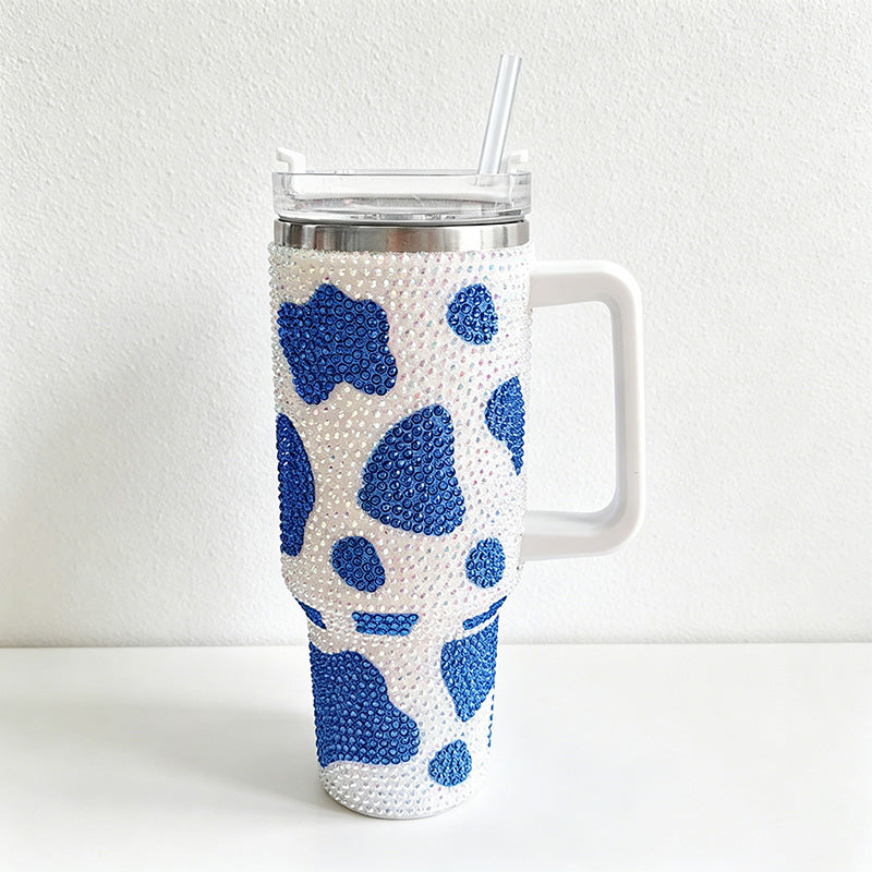CouldNook 40oz Rhinestone Cow Print Tumbler-Stainless Steel Vacuum Insulated Ice Tumbler with Handle & Straw