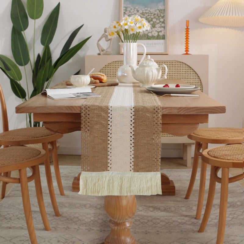CouldNook Farmhouse Cotton Linen Table Runner - Rustic Boho Woven Macrame Mat
