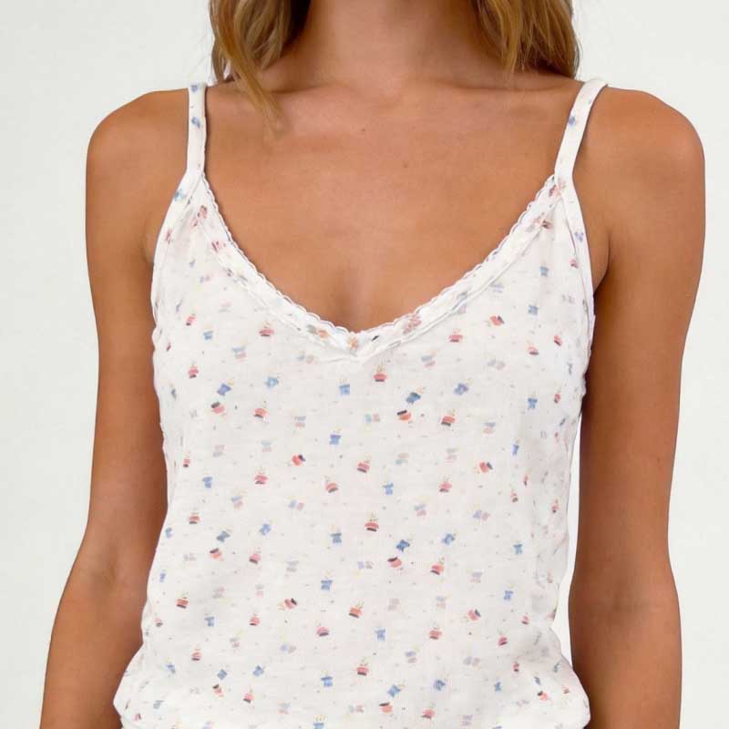 CouldNook Cute Print Cami Top & Shorts Pajama Set - Lace Trim Loungewear