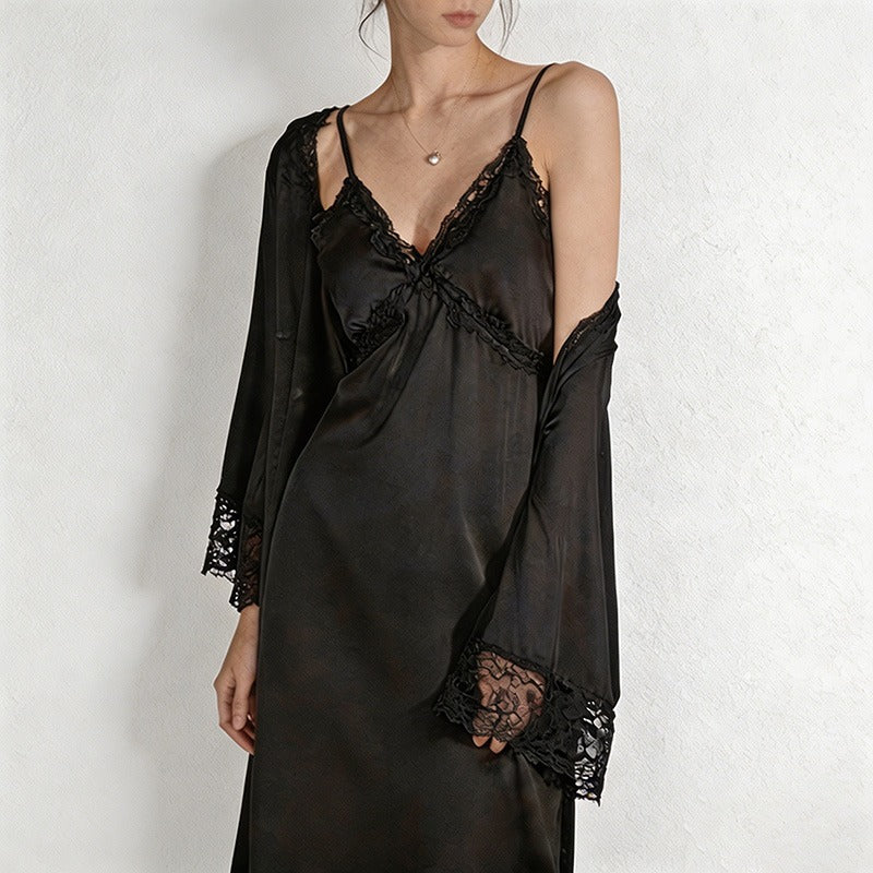 CouldNook Ice Silk Lace Trim Slip Dress & Robe Set - Loungewear with Built-in Bra