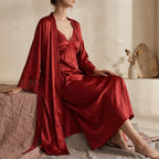 CouldNook Ice Silk Lace Trim Slip Dress & Robe Set - Loungewear with Built-in Bra