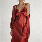 CouldNook Ice Silk Lace Trim Slip Dress & Robe Set - Loungewear with Built-in Bra