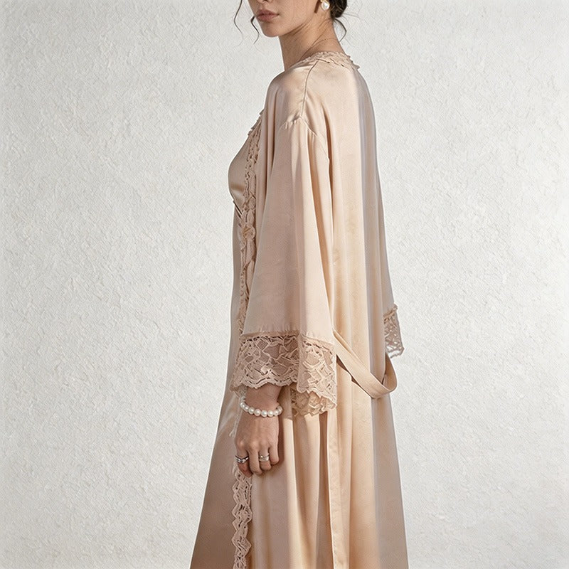 CouldNook Ice Silk Lace Trim Slip Dress & Robe Set - Loungewear with Built-in Bra