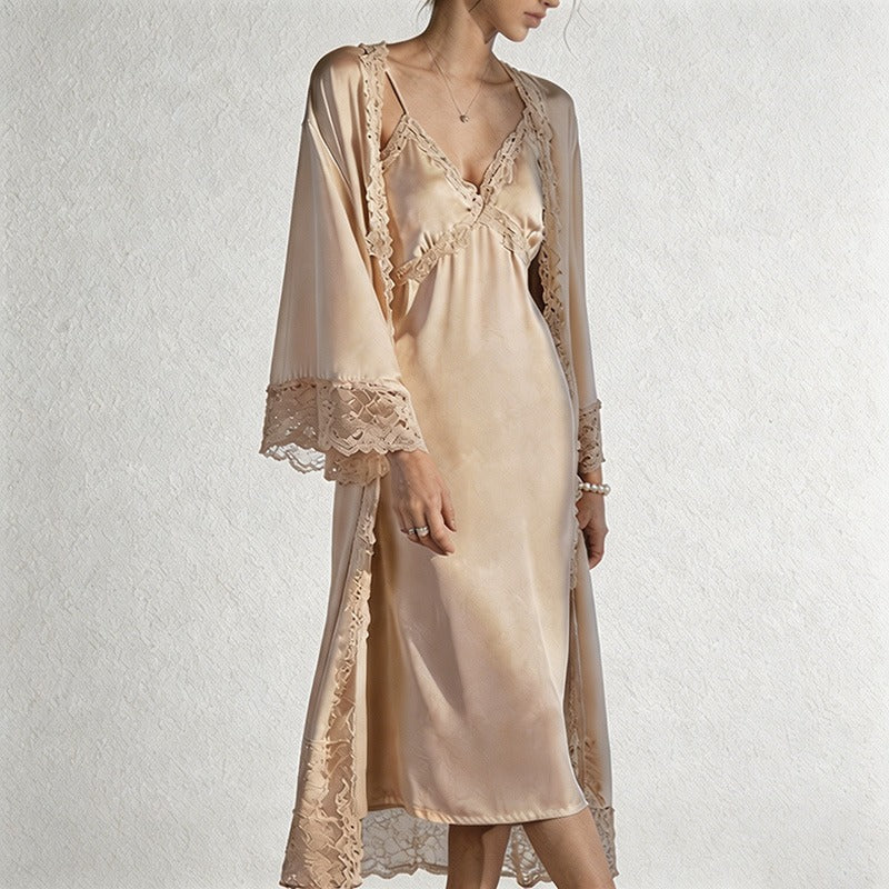 CouldNook Ice Silk Lace Trim Slip Dress & Robe Set - Loungewear with Built-in Bra