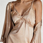 CouldNook Ice Silk Lace Trim Slip Dress & Robe Set - Loungewear with Built-in Bra