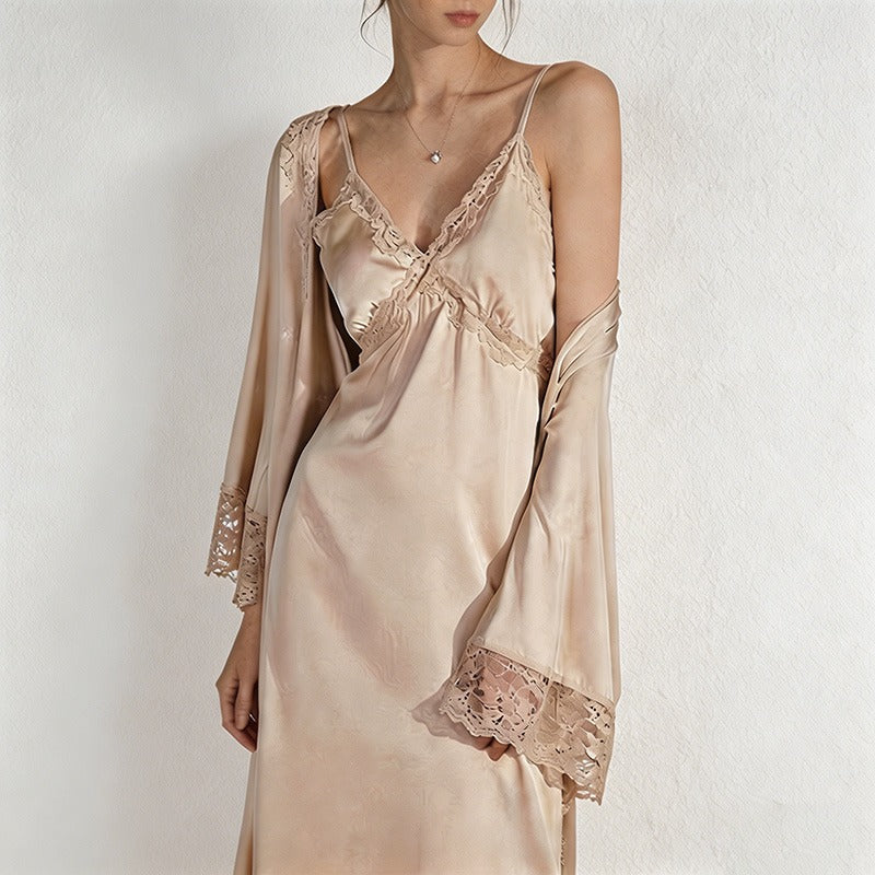 CouldNook Ice Silk Lace Trim Slip Dress & Robe Set - Loungewear with Built-in Bra