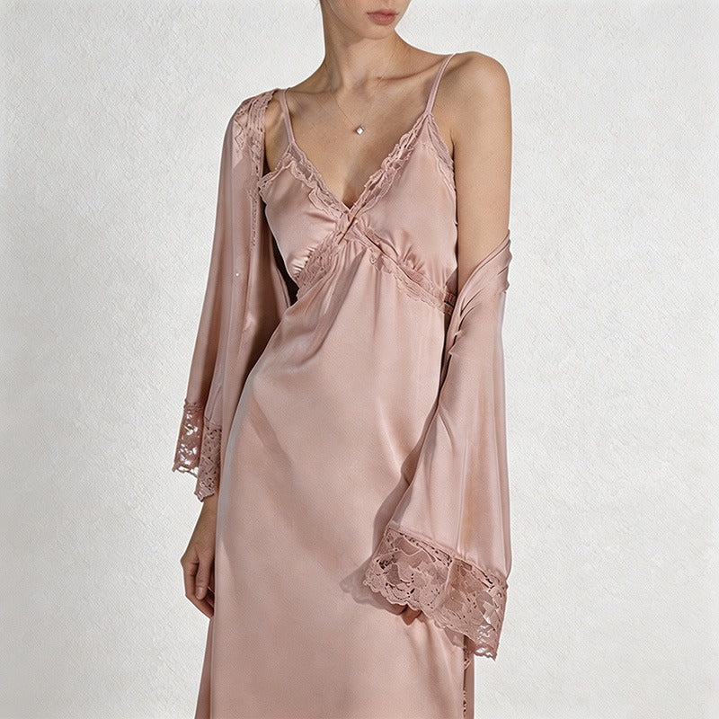 CouldNook Ice Silk Lace Trim Slip Dress & Robe Set - Loungewear with Built-in Bra