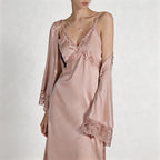 CouldNook Ice Silk Lace Trim Slip Dress & Robe Set - Loungewear with Built-in Bra