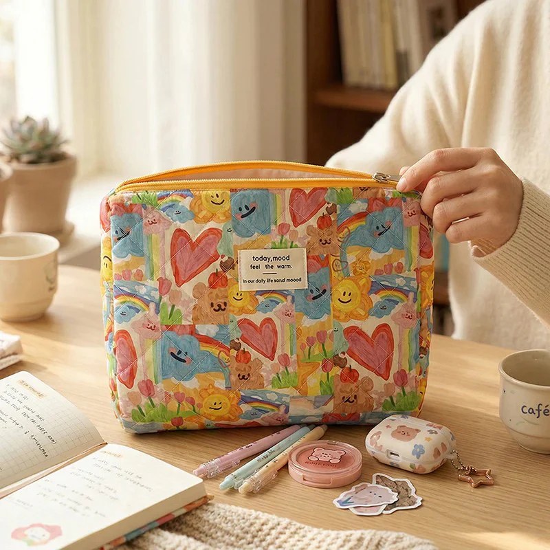 CouldNook Vibrant Quilted Makeup Bag - "Spring Doodle" Aesthetic Travel Pouch