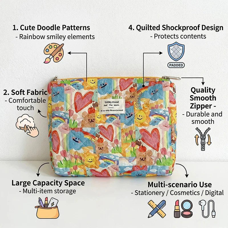 CouldNook Vibrant Quilted Makeup Bag - "Spring Doodle" Aesthetic Travel Pouch