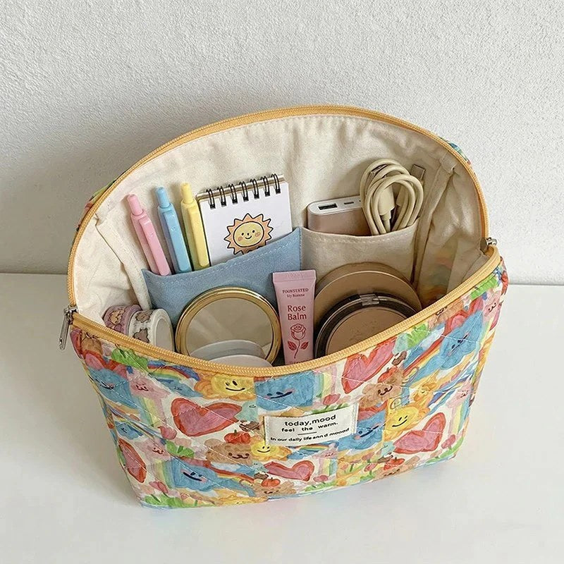 CouldNook Vibrant Quilted Makeup Bag - "Spring Doodle" Aesthetic Travel Pouch