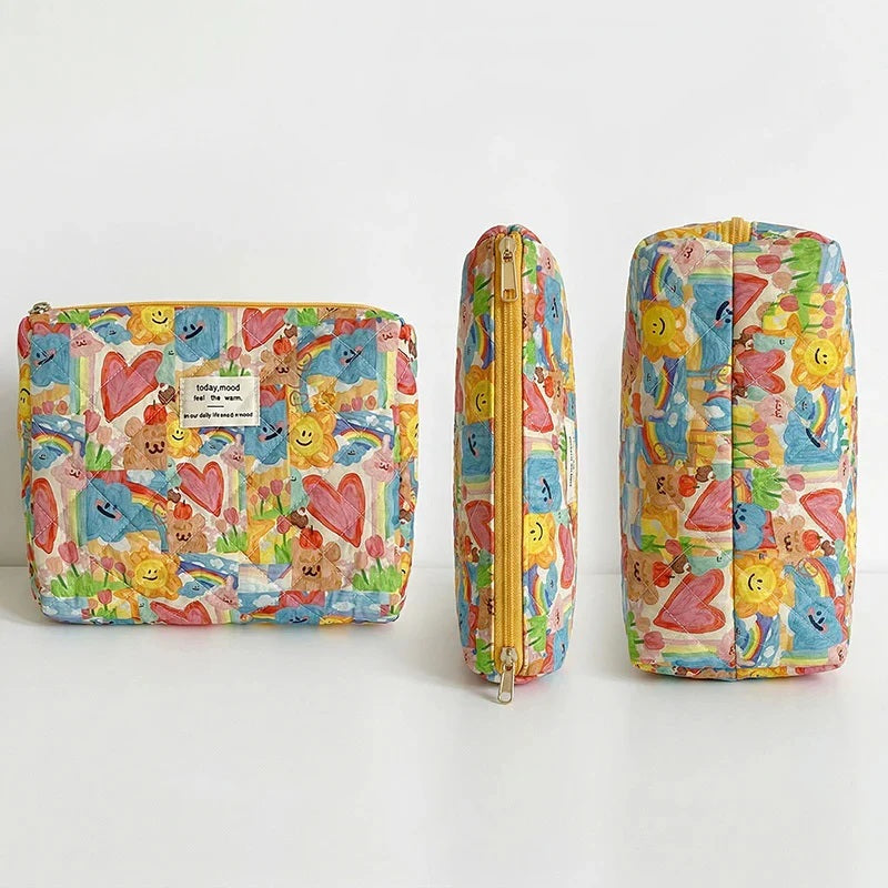 CouldNook Vibrant Quilted Makeup Bag - "Spring Doodle" Aesthetic Travel Pouch