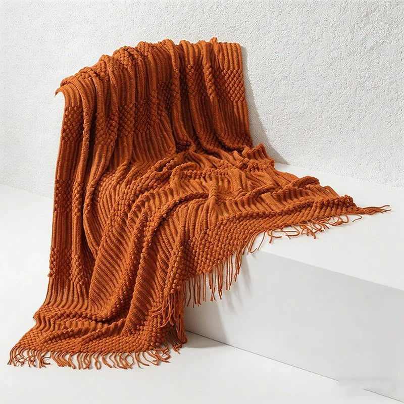 CouldNook Nordic Chunky Knit Throw Blanket - Faux Cashmere Bobble Blanket with Tassels