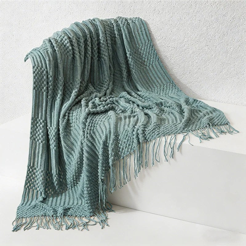 CouldNook Nordic Chunky Knit Throw Blanket - Faux Cashmere Bobble Blanket with Tassels