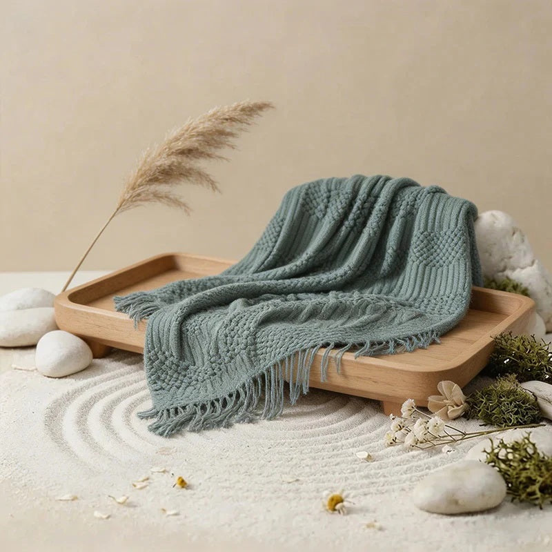 CouldNook Nordic Chunky Knit Throw Blanket - Faux Cashmere Bobble Blanket with Tassels