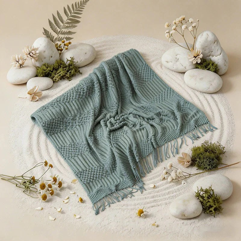 CouldNook Nordic Chunky Knit Throw Blanket - Faux Cashmere Bobble Blanket with Tassels