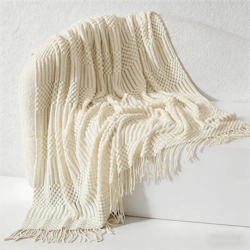 CouldNook Nordic Chunky Knit Throw Blanket - Faux Cashmere Bobble Blanket with Tassels