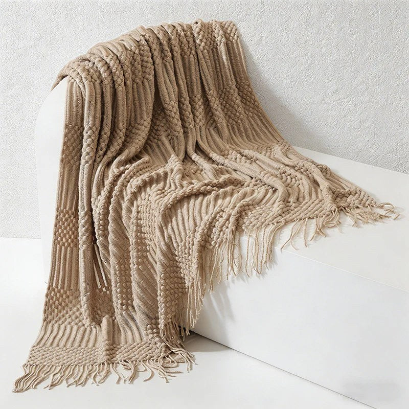 CouldNook Nordic Chunky Knit Throw Blanket - Faux Cashmere Bobble Blanket with Tassels