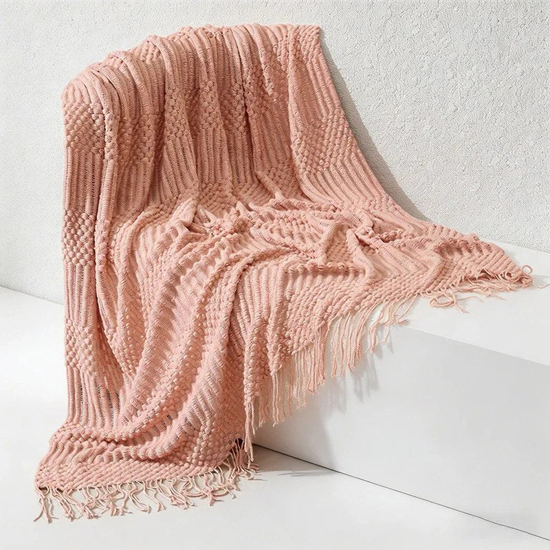 CouldNook Nordic Chunky Knit Throw Blanket - Faux Cashmere Bobble Blanket with Tassels