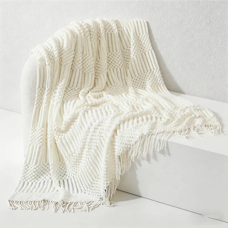 CouldNook Nordic Chunky Knit Throw Blanket - Faux Cashmere Bobble Blanket with Tassels