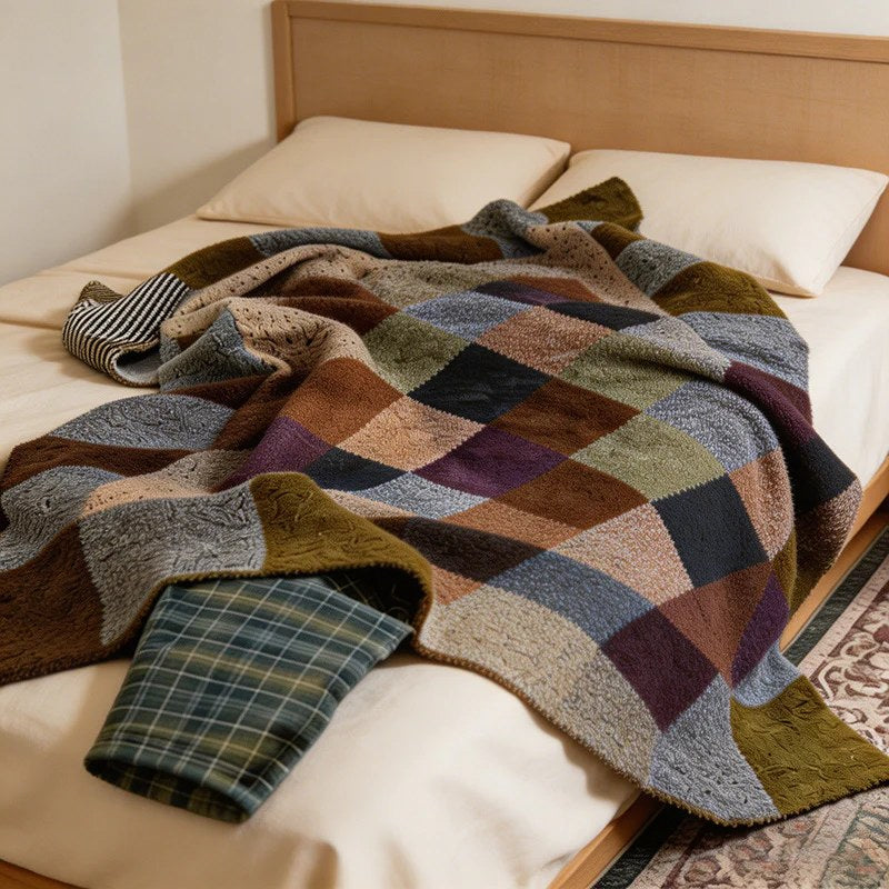 CouldNook Vintage Checkerboard Knit Throw - "Maillard" Earthy Aesthetic Cozy Blanket