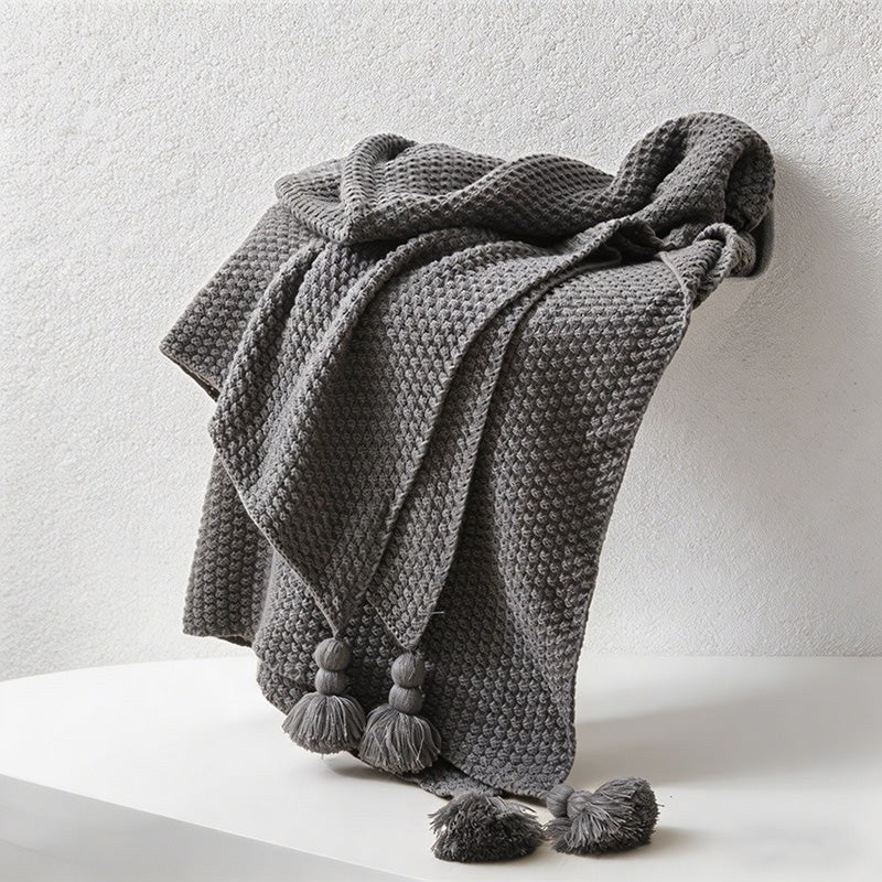 CouldNook Nordic Waffle Knit Throw - Cozy Pom-Pom Sofa Blanket & Bed Runner