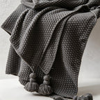 CouldNook Nordic Waffle Knit Throw - Cozy Pom-Pom Sofa Blanket & Bed Runner