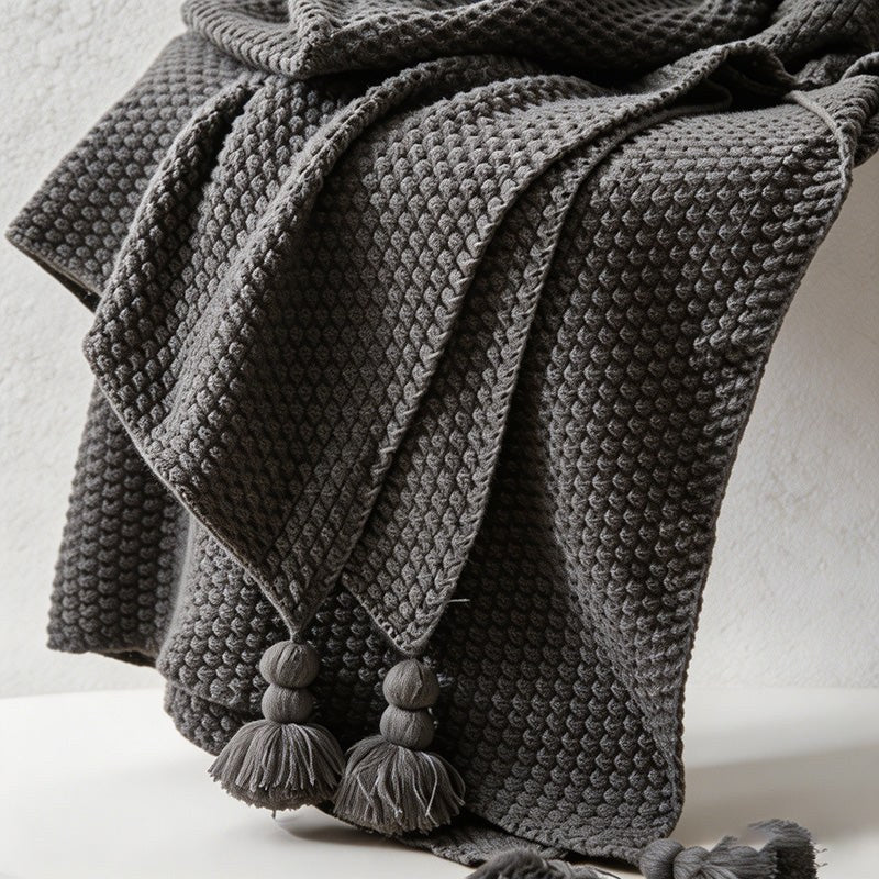 CouldNook Nordic Waffle Knit Throw - Cozy Pom-Pom Sofa Blanket & Bed Runner